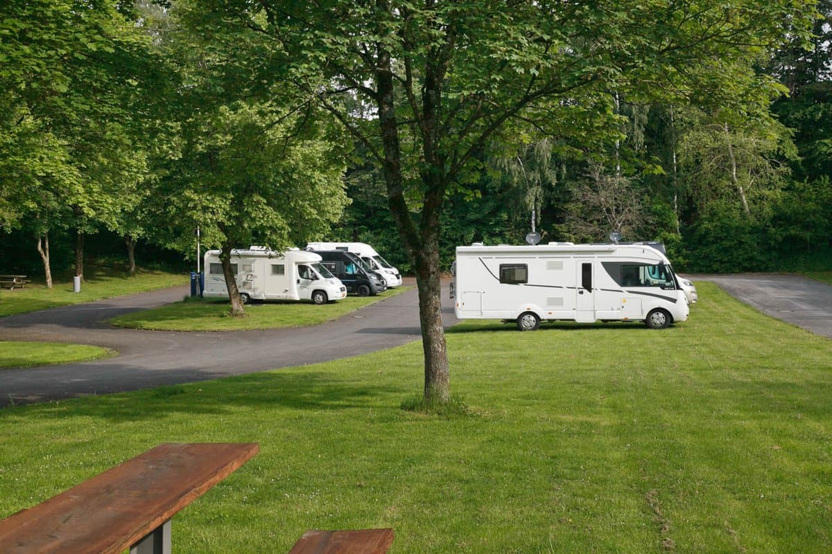 Stellplätze Wohnmobile, die auf einer von Bäumen umgebenen Wiese geparkt sind, mit einer Holzbank im Vordergrund.