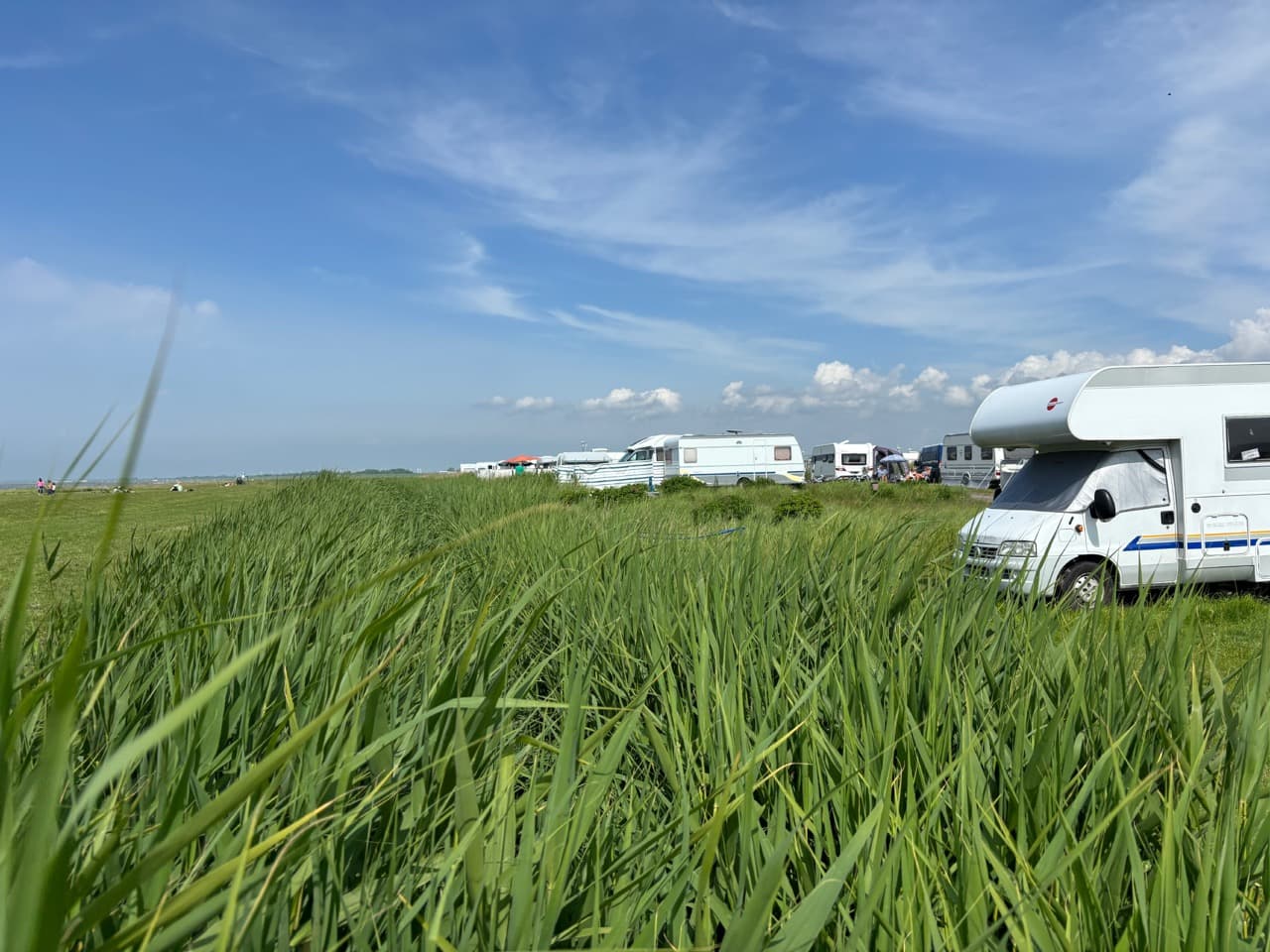 Die Camper parkten in der Nähe eines grasbewachsenen Feldes unter einem blauen Himmel mit vereinzelten Wolken.