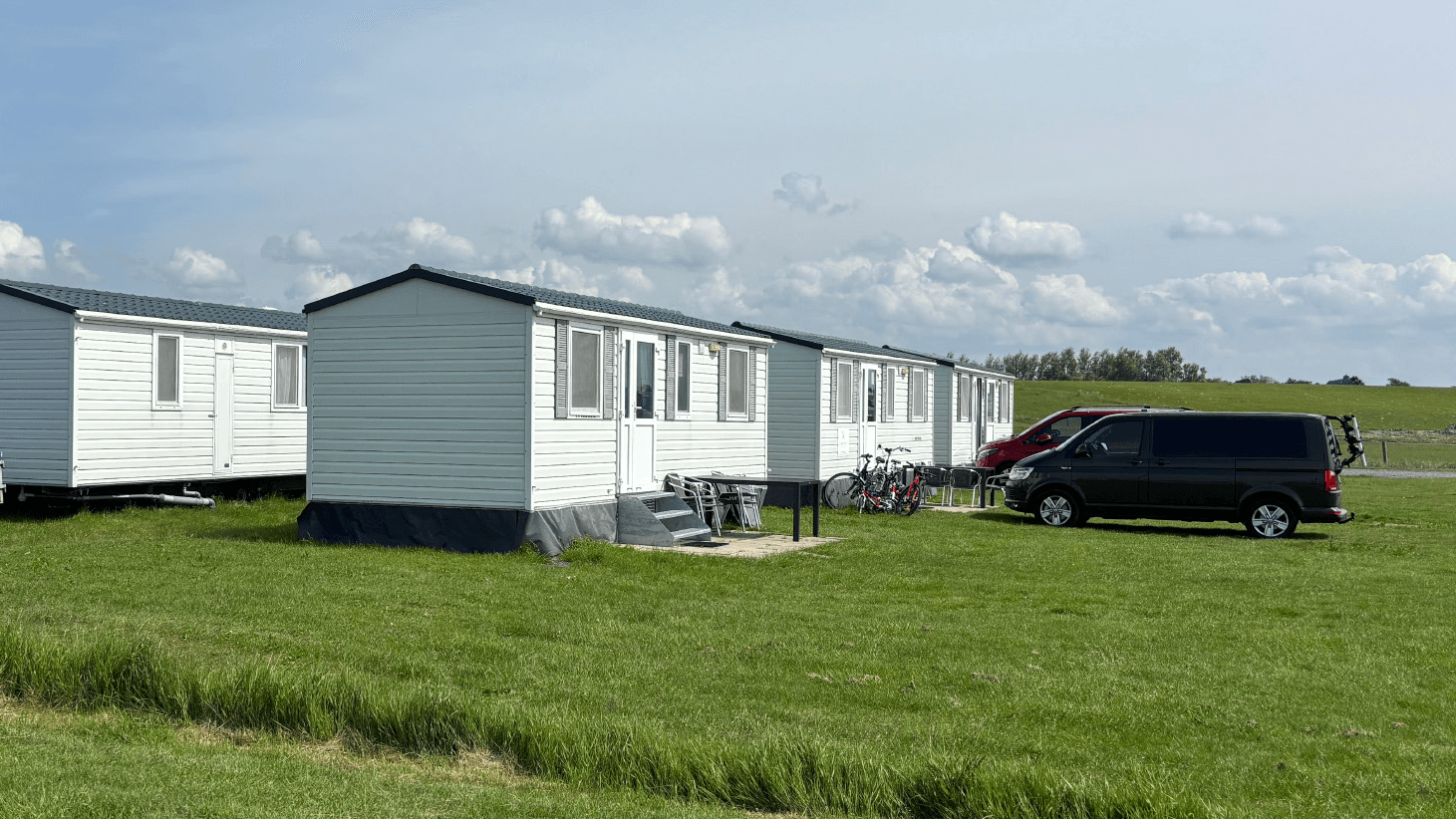 Eine Reihe weißer Wohnmobile auf einer Wiese mit geparkten Fahrrädern und einem schwarzen Auto unter einem bewölkten Himmel.