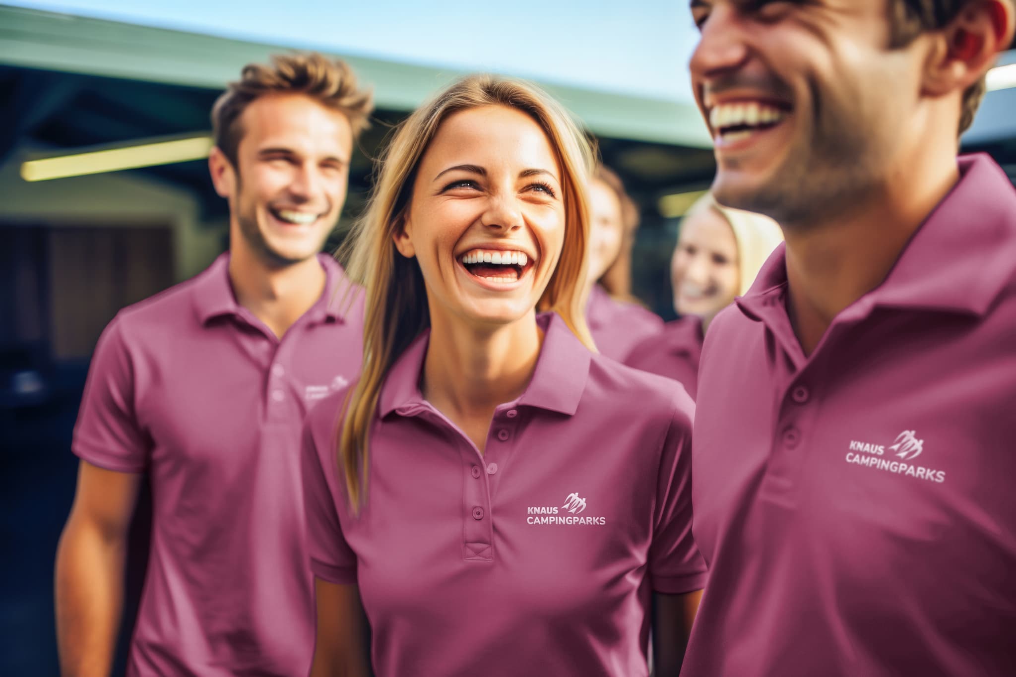 Karriere Eine Gruppe lächelnder Menschen in zusammenpassenden lila Polohemden mit einem KNAUS Logo steht im Freien und deutet auf eine Team- oder Mitarbeiterversammlung hin.