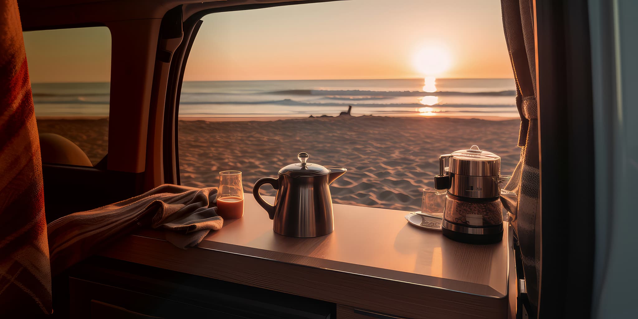 Urlaub planen View from a van interior showing a beach sunset, with a teapot, coffee maker, and glass on a counter, and a surfboard on the sand outside.