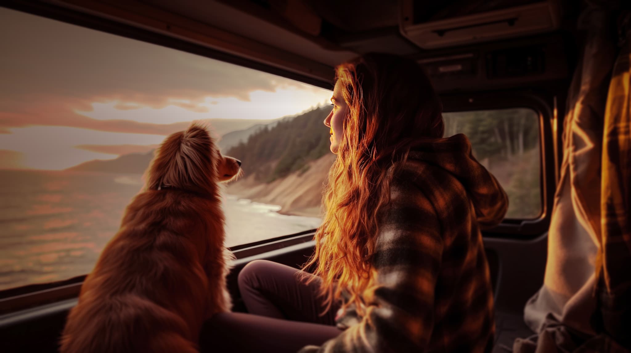 Urlaub für Individualisten mit Hund in 25 Campingparks Frau und Hund blicken aus einem Lieferwagen auf einen malerischen Sonnenuntergang am Meer, mit Klippen und Bäumen im Hintergrund.